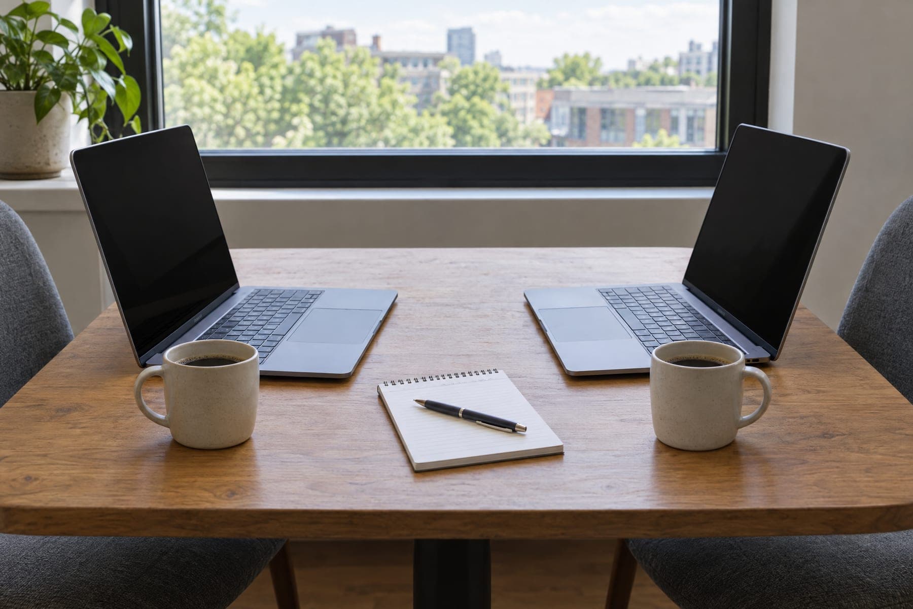 Twee open laptops tegenover elkaar aan een kleine vergadertafel, met een notitieblok en twee koppen koffie ertussen