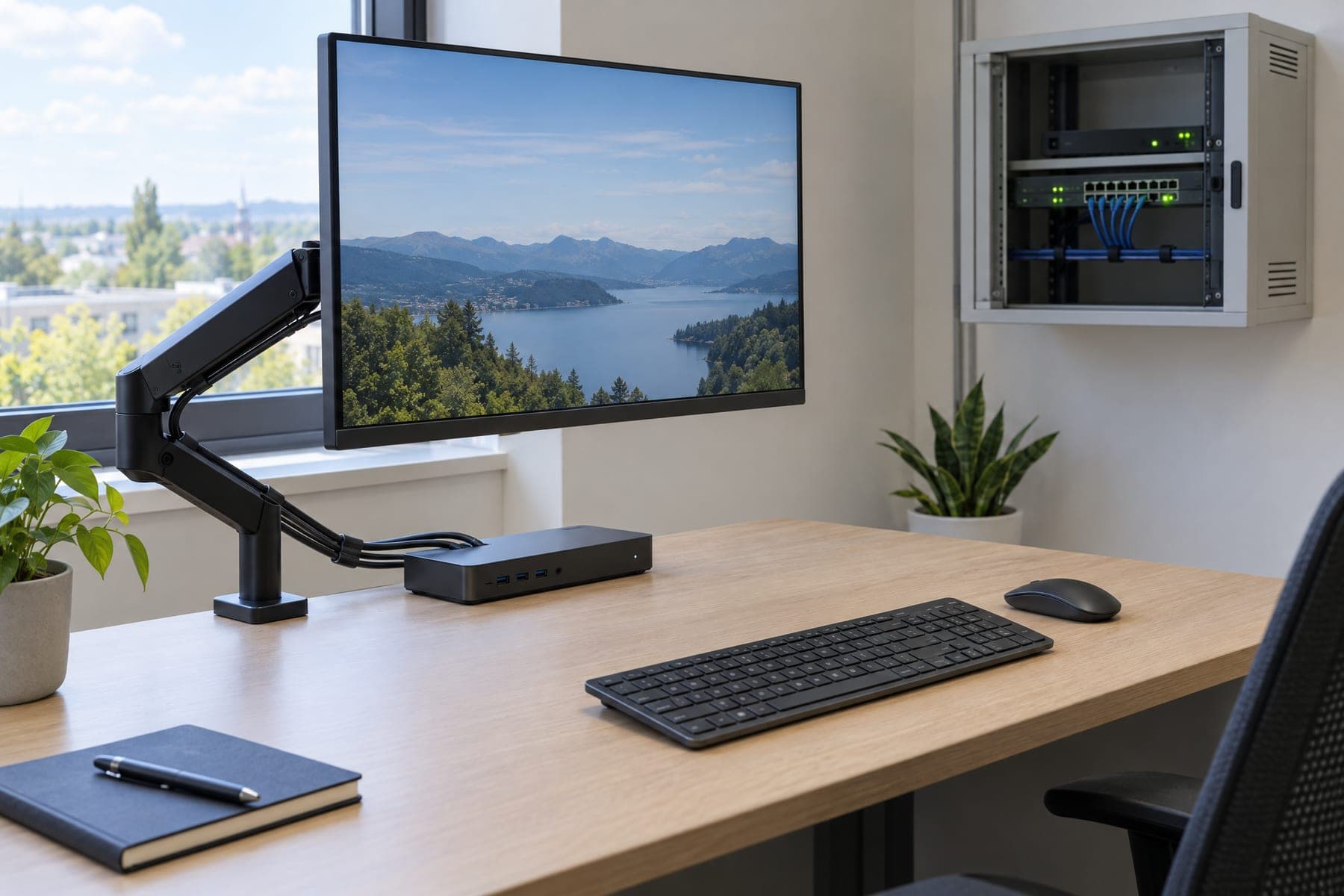 Opgeruimde werkplek met een beeldscherm op een arm, een dockingstation met nette bekabeling en op de achtergrond een open netwerkkast