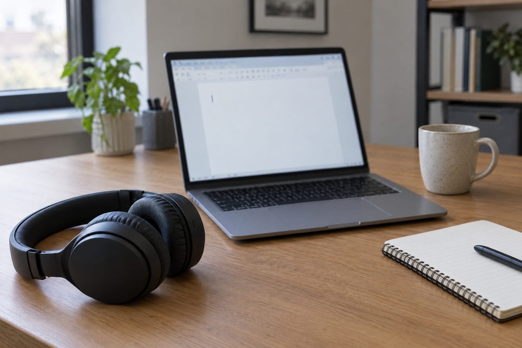 Koptelefoon naast een open laptop met een leeg tekstdocument, een notitieblok en een mok op het bureau