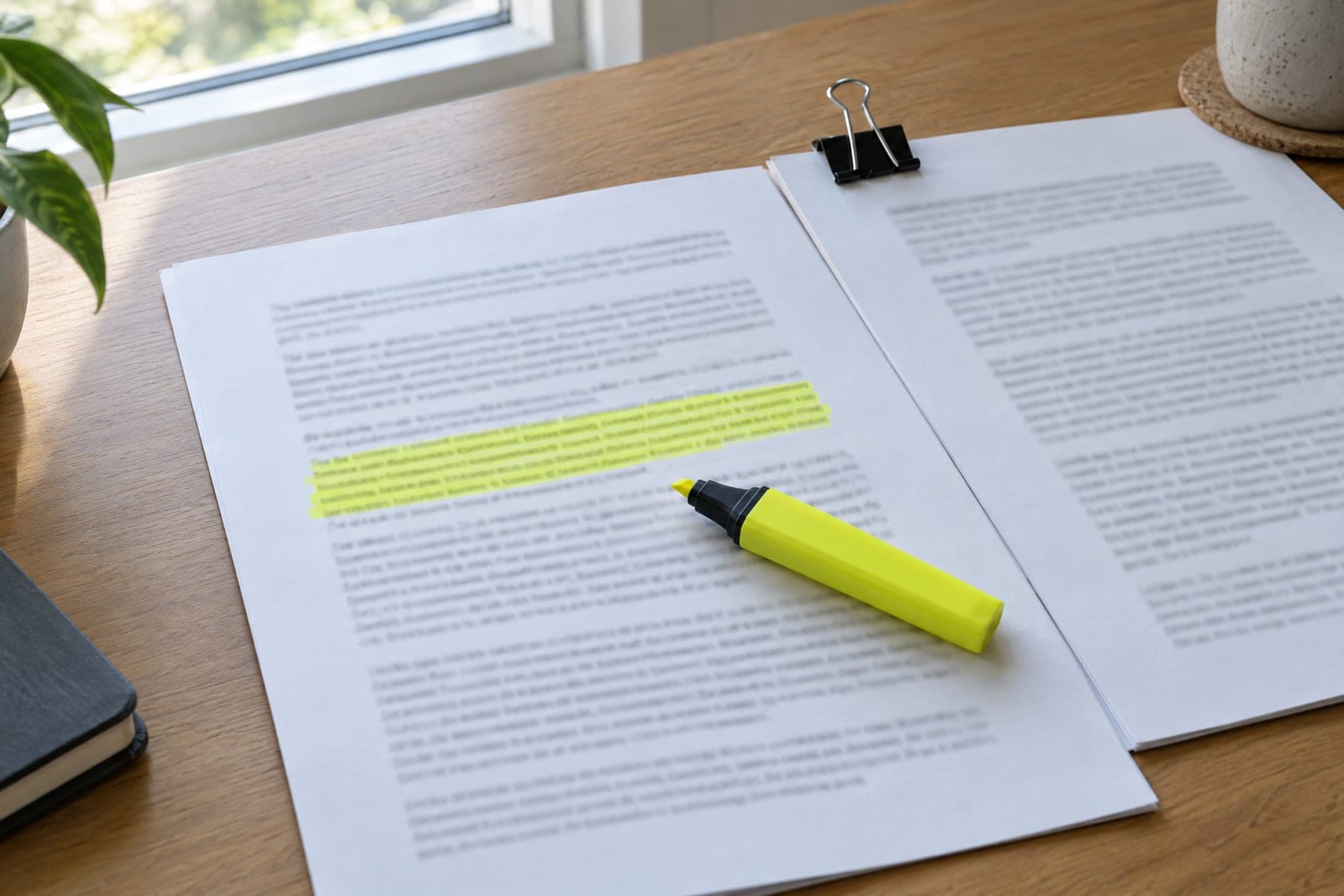 Geprint rapport met één gemarkeerde alinea, de markeerstift erop, en een tweede vel met een klem ernaast