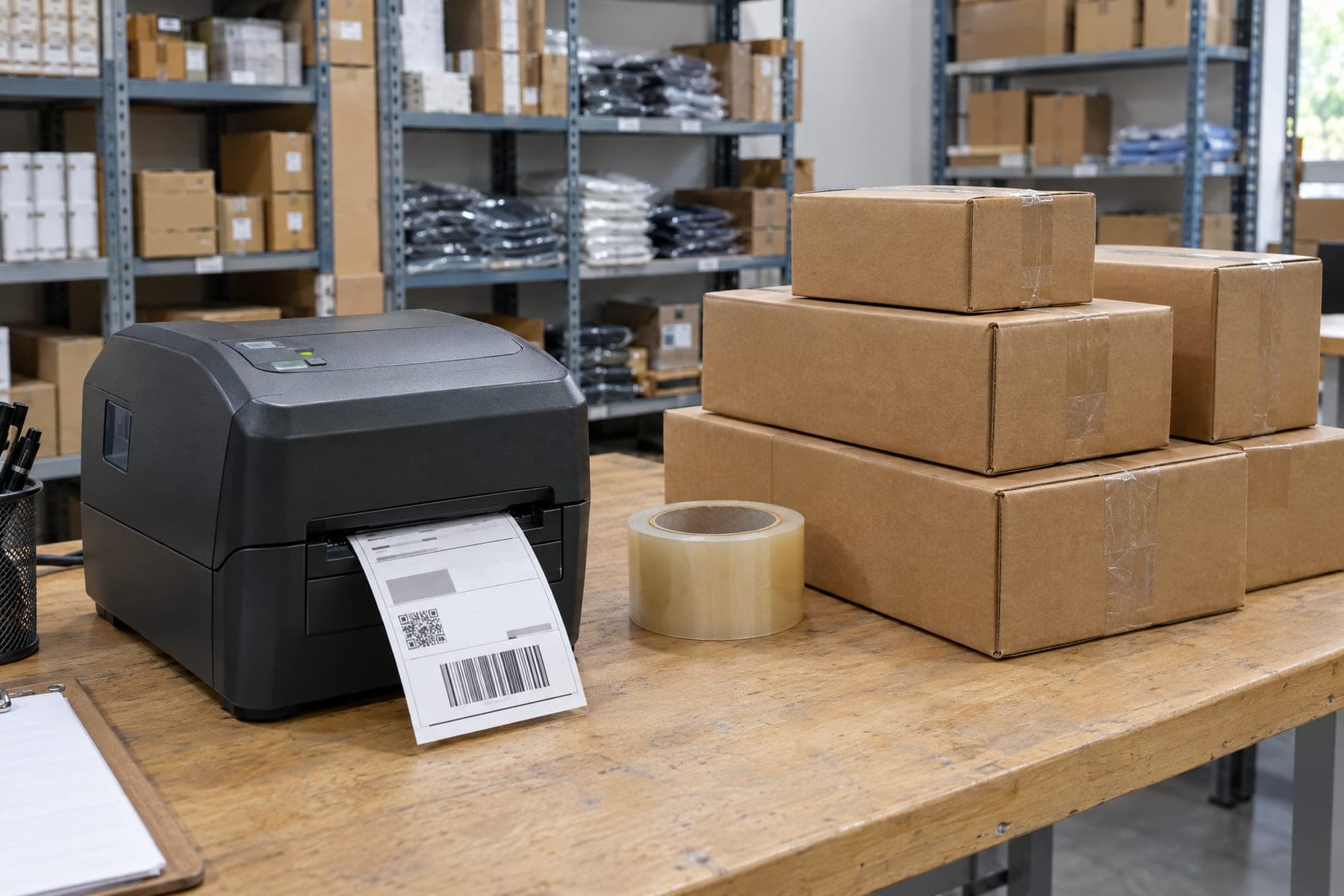 Labelprinter die een verzendlabel uitdraait naast een stapel dichtgeplakte pakketten in een klein magazijn