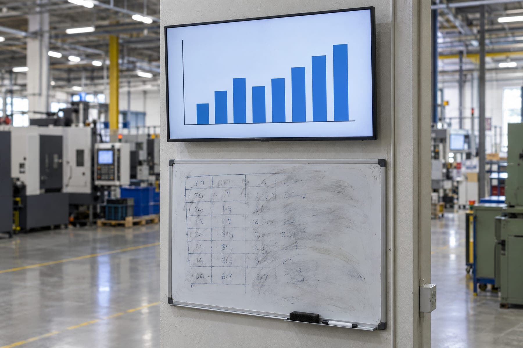 Scherm aan een pilaar in een productiehal met een staafdiagram, eronder een whiteboard met half uitgeveegde weekcijfers