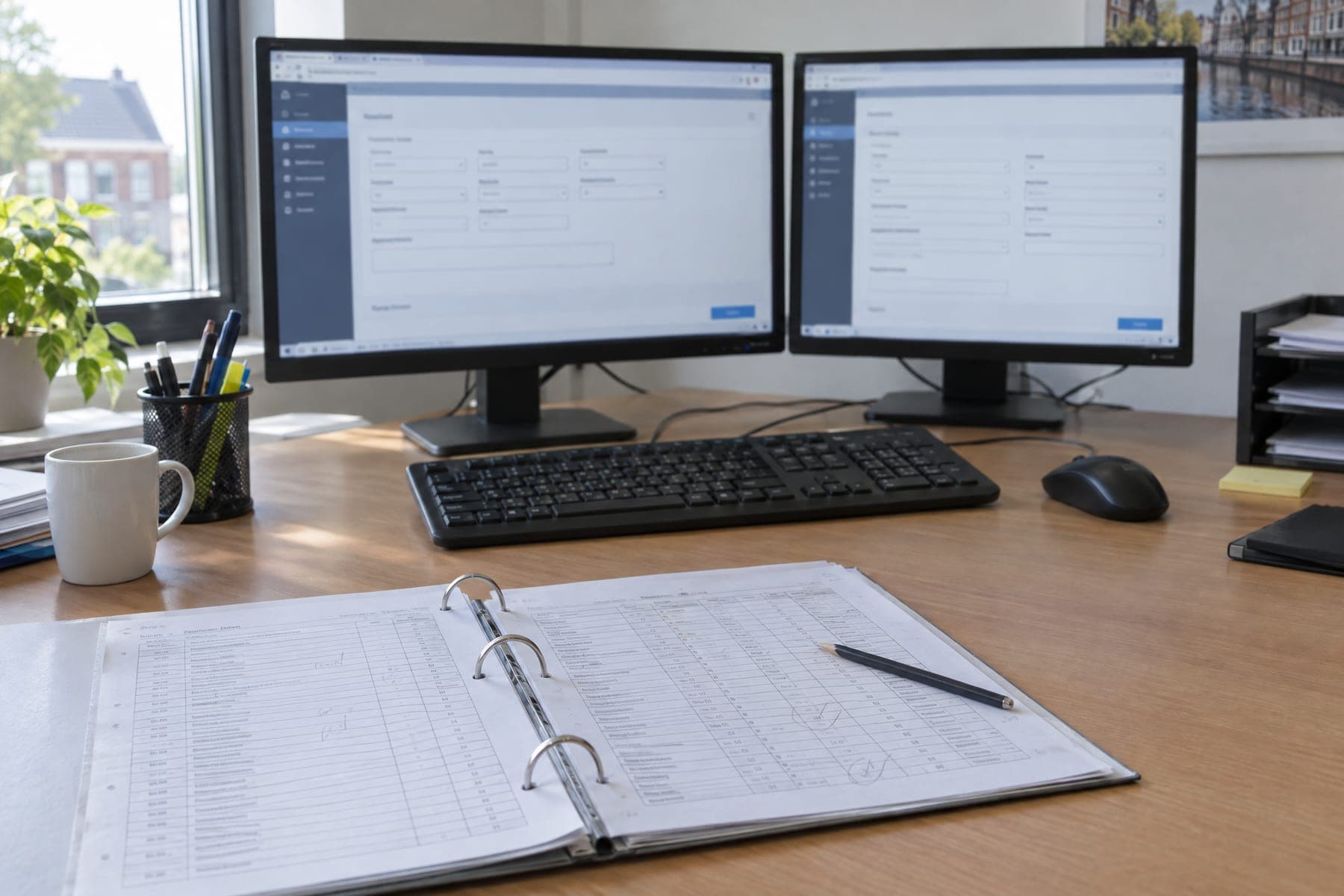 Twee beeldschermen met een webapplicatie met lege formuliervelden, ervoor een ordner open op een geprinte orderlijst met potloodstrepen