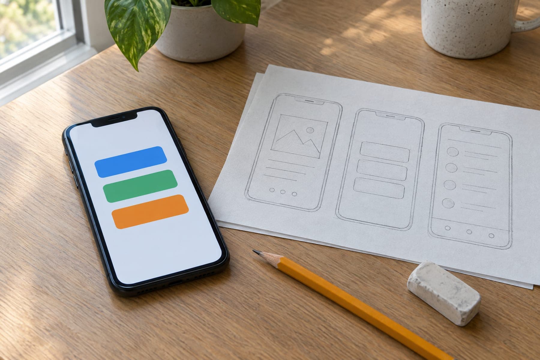 Smartphone met een app-scherm met drie knoppen naast potloodschetsen van app-schermen, een potlood en een gum