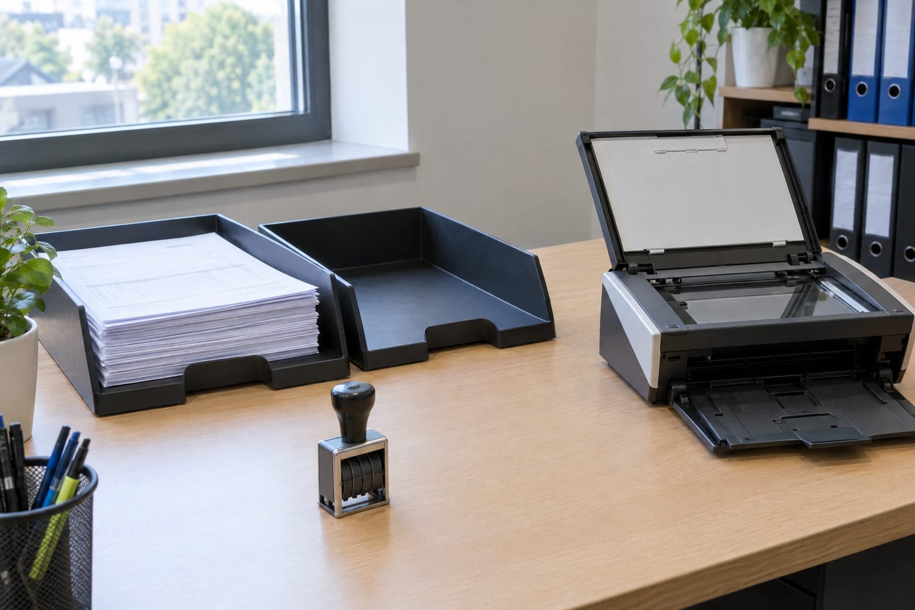 Bureau met een bak vol papieren facturen, een datumstempel, een lege tweede bak en een open documentscanner
