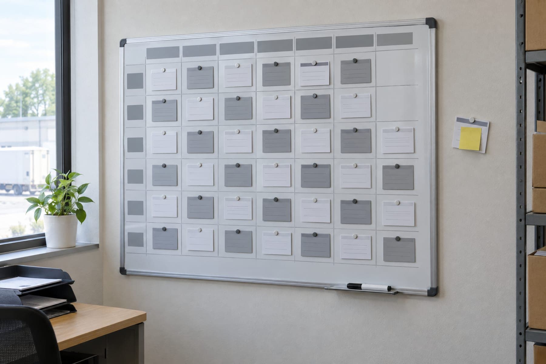 Planbord met magneetkaarten in een logistiek kantoor; één kaart hangt buiten het rooster met een gele memo erop