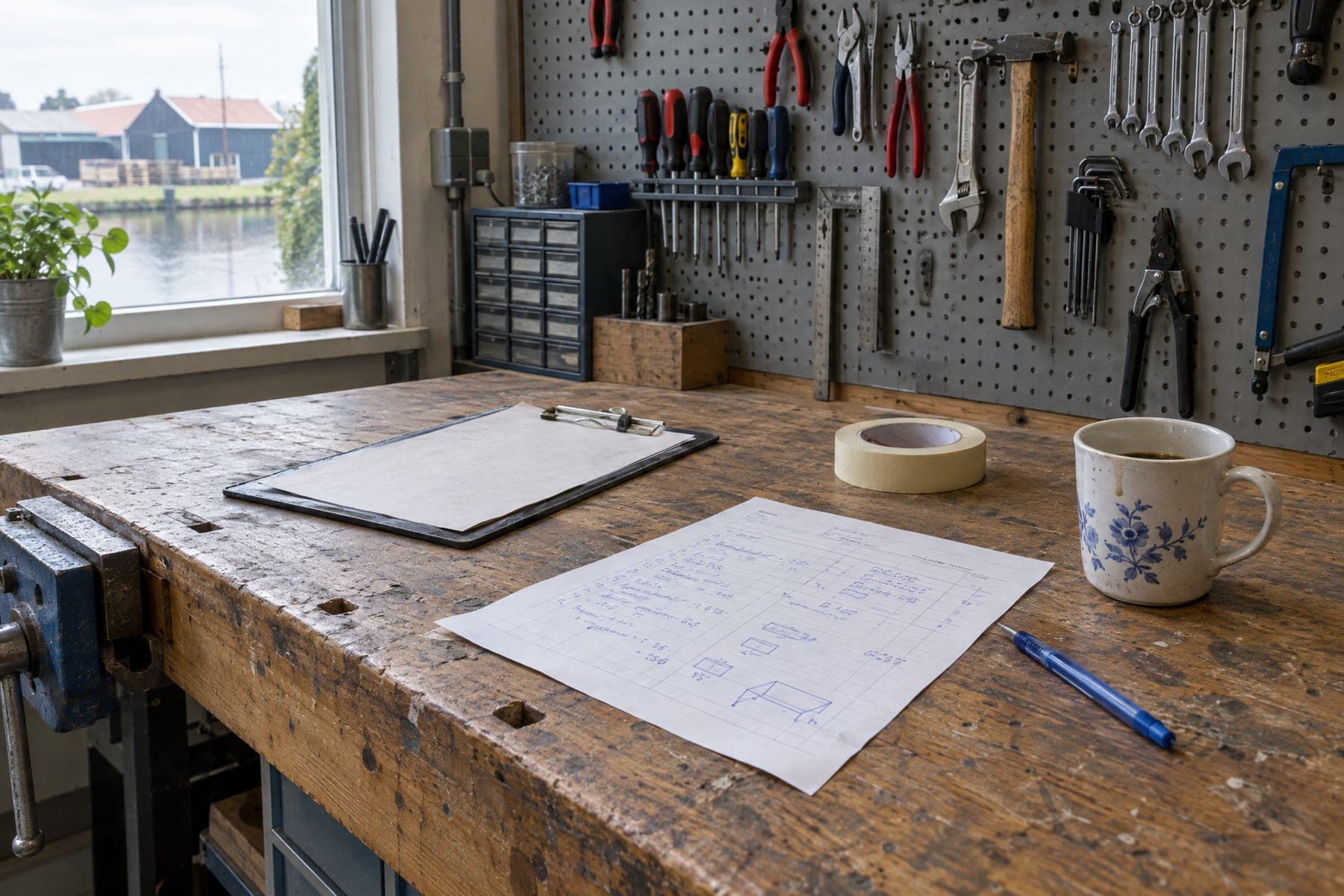 Werkbank in een werkplaats met een handgeschreven orderbon, een klembord, een rol plakband en een kop koffie